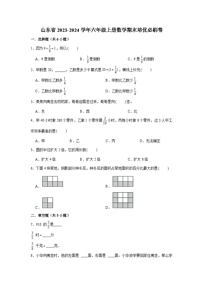 （期末押题卷）山东省2023-2024学年六年级上册数学期末备考高频易错必刷卷二01