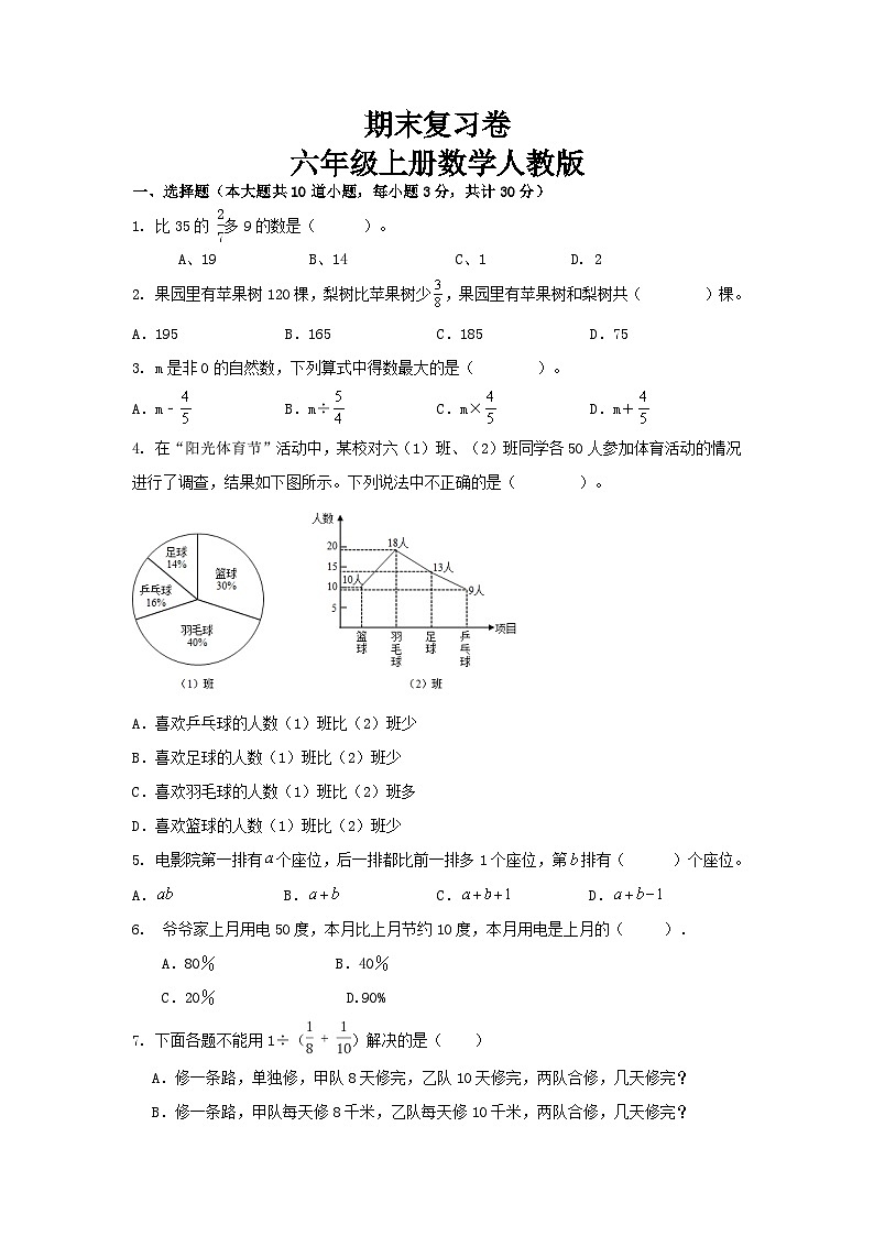 期末复习卷（试题）人教版六年级上册数学第1页