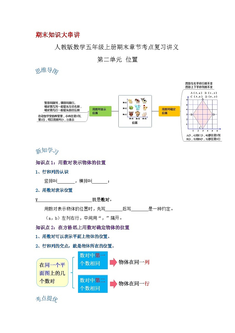 人教版五年级数学上册精讲精练 第二单元《位置》（原卷）第1页