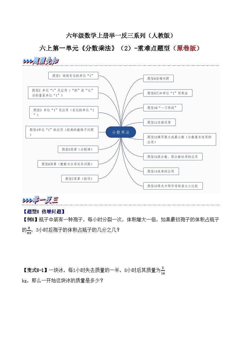 举一反三：六年级数学上册第一单元《分数乘法》（2）期末重难点题型（原卷版）人教版第1页