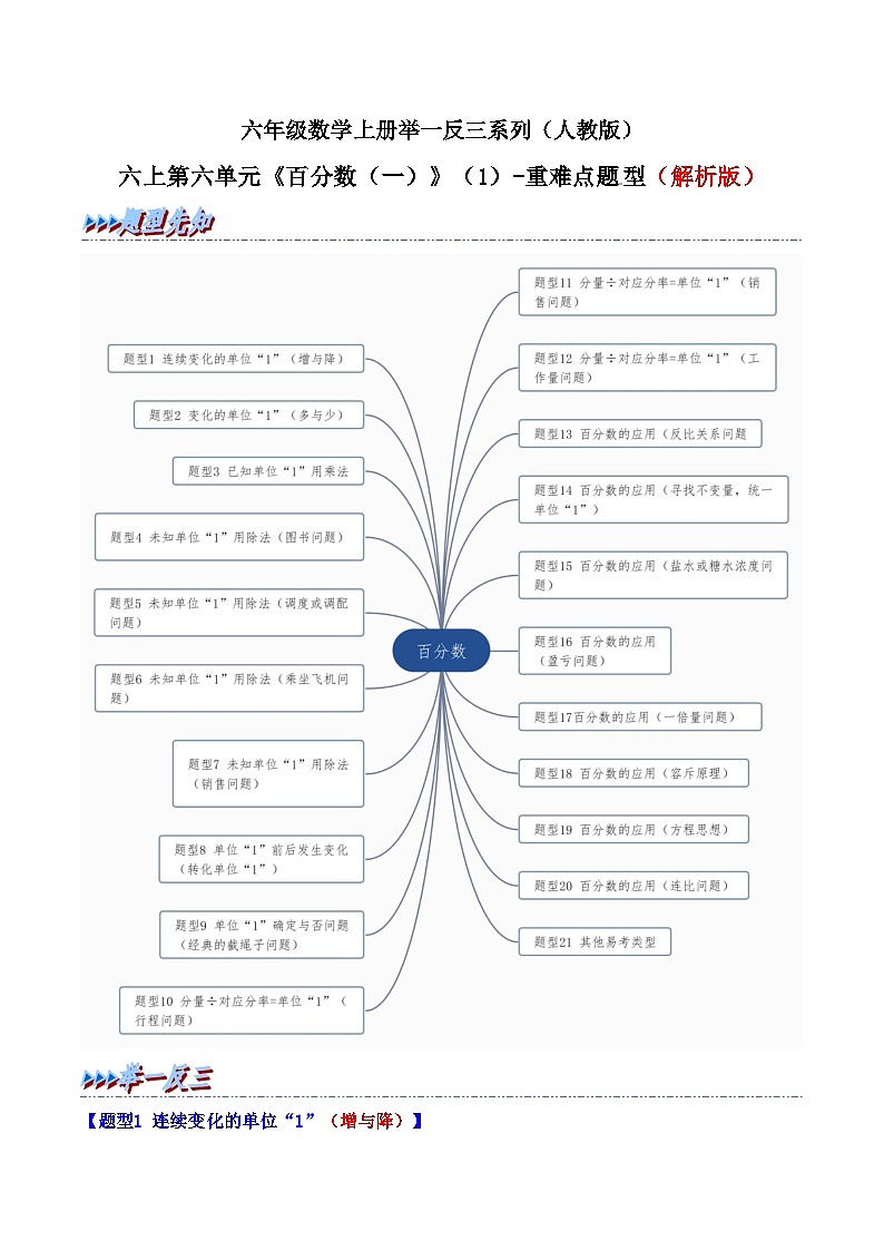举一反三：六年级数学上册第六单元《百分数（一）》（1）期末重难点题型（解析版）人教版第1页