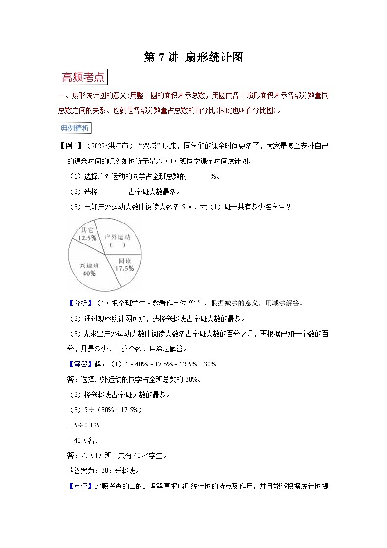第7讲  扇形统计图【高频考点+典例精析+易错精练】人教版小学六年级数学上册期末易错高频考点精讲精练第1页