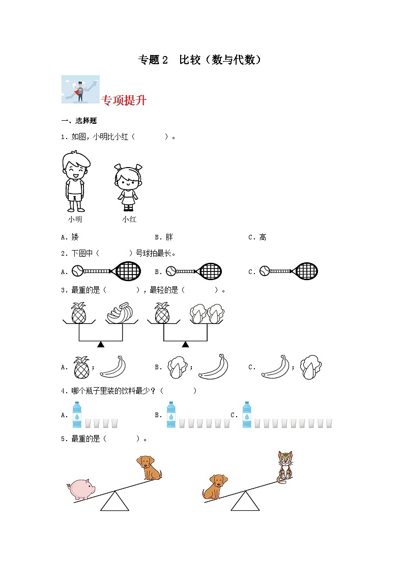 专题2比较（数与代数）-2023-2024学年一年级上册数学寒假专项提升（北师大版）第1页