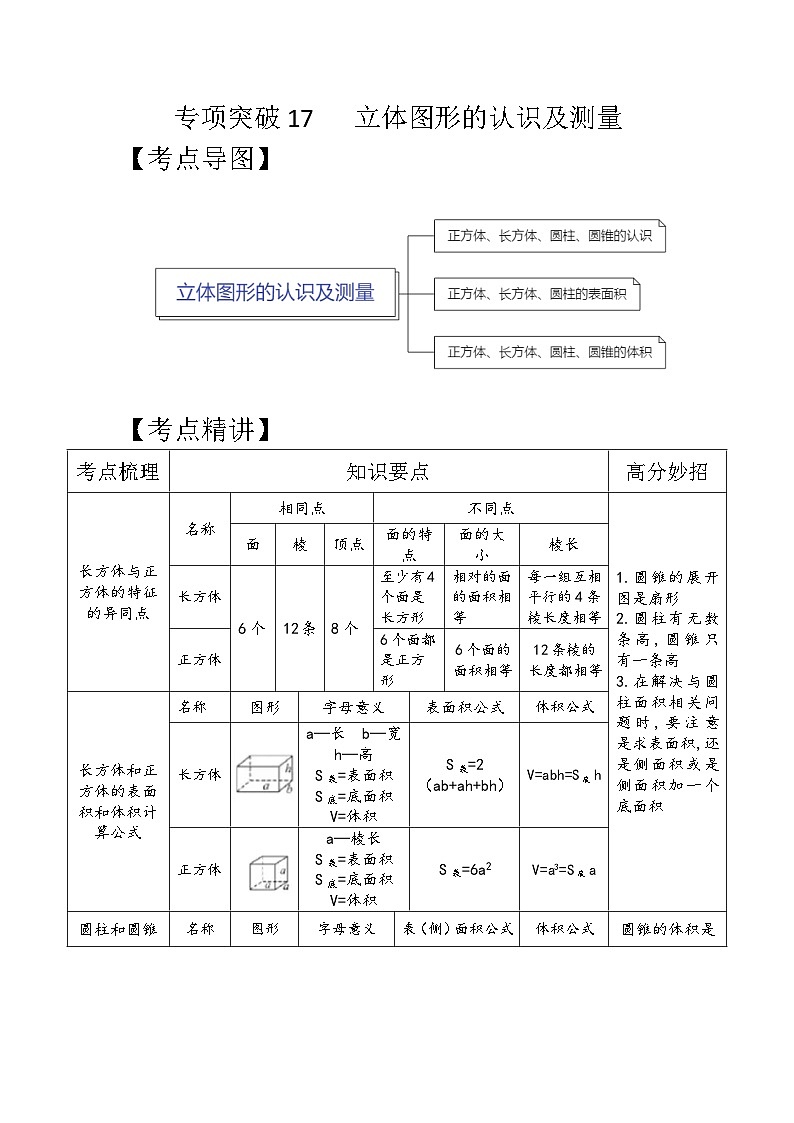 专项突破17立体图形的认识及测量（讲义）六年级下册小升初数学高频考点专项培优卷（通用版）01