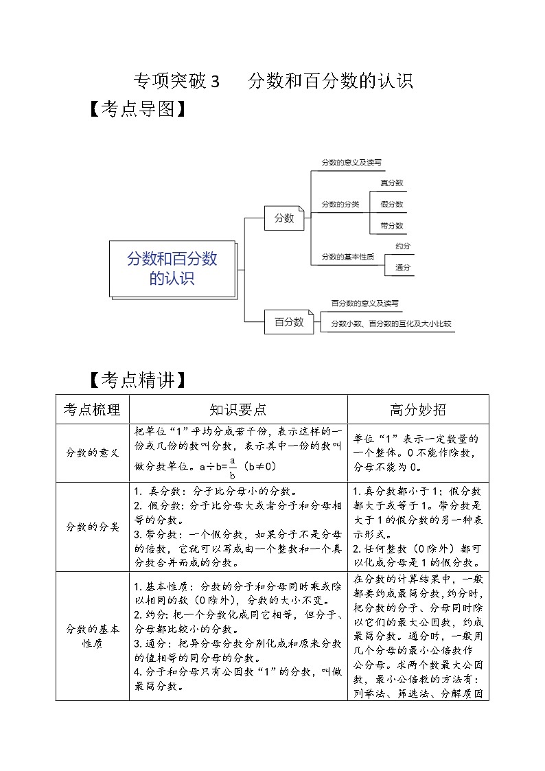 专项突破3-分数和百分数的认识（讲义）六年级下册小升初数学高频考点专项培优卷（通用版）第1页