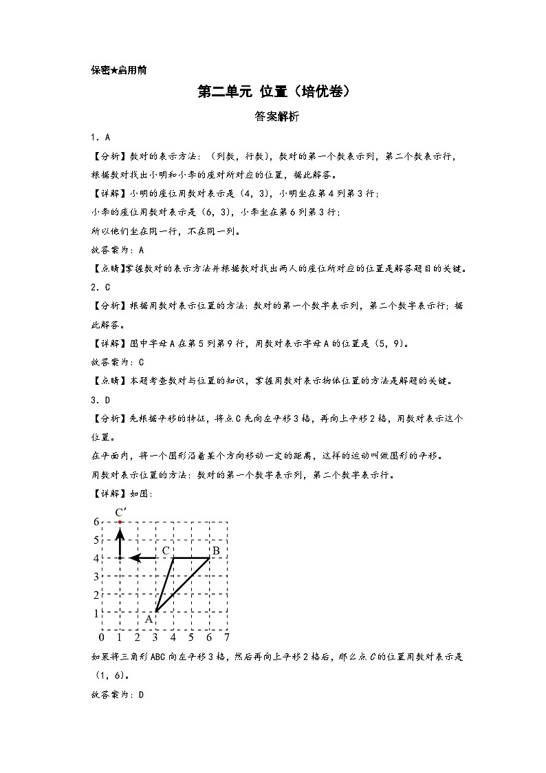 第二单元 位置（培优卷）-2023-2024学年五年级数学上册《知识解读·题型专练》配套高频易错真题汇编卷（答案解析）（人教版）第1页