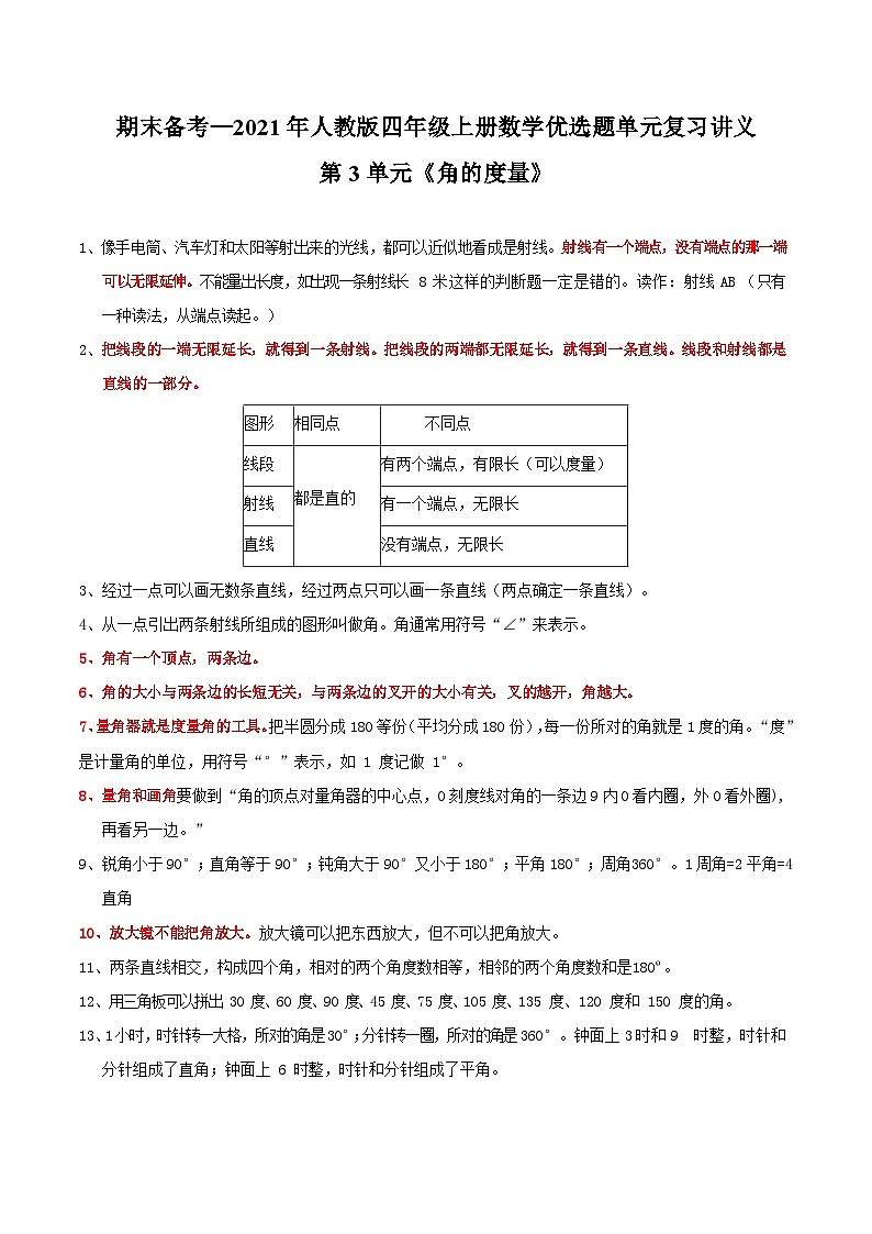 第3单元《角的度量》期末备考讲义—四年级上册数学单元闯关（知识回顾+优选精练）人教版01