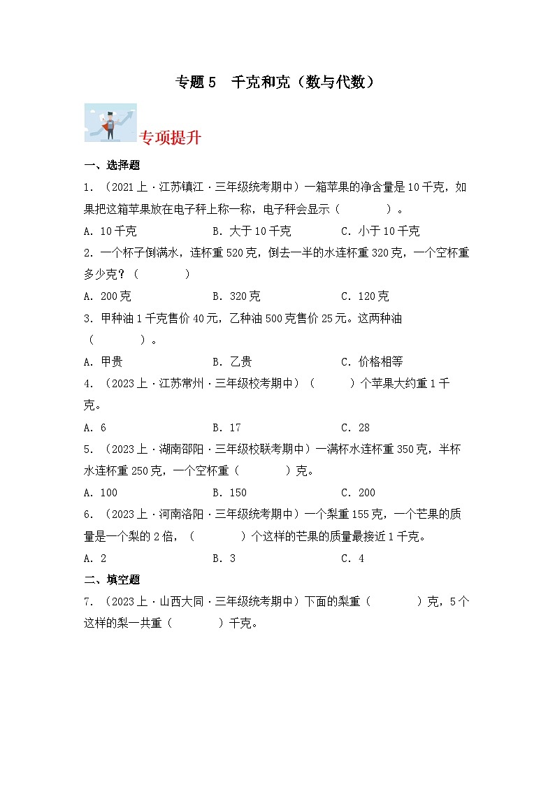 专题5千克和克（数与代数）-2023-2024学年三年级上册数学寒假专项提升（苏教版）01