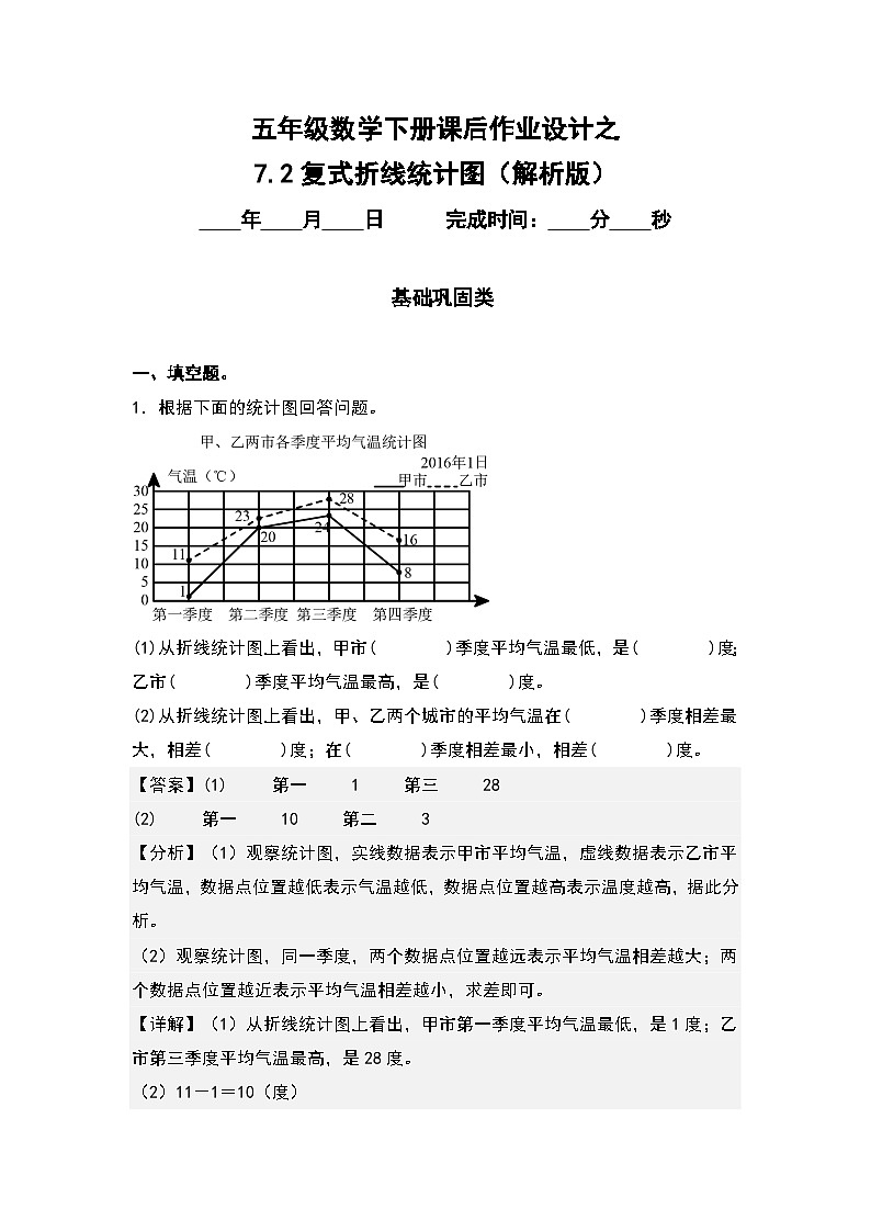 人教版五年级数学下册课后作业设计 7.2复式折线统计图（解析版）第1页