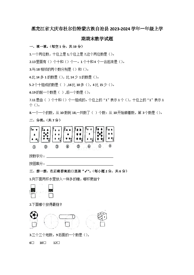 黑龙江省大庆市杜尔伯特蒙古族自治县2023-2024学年一年级上学期期末数学试题01