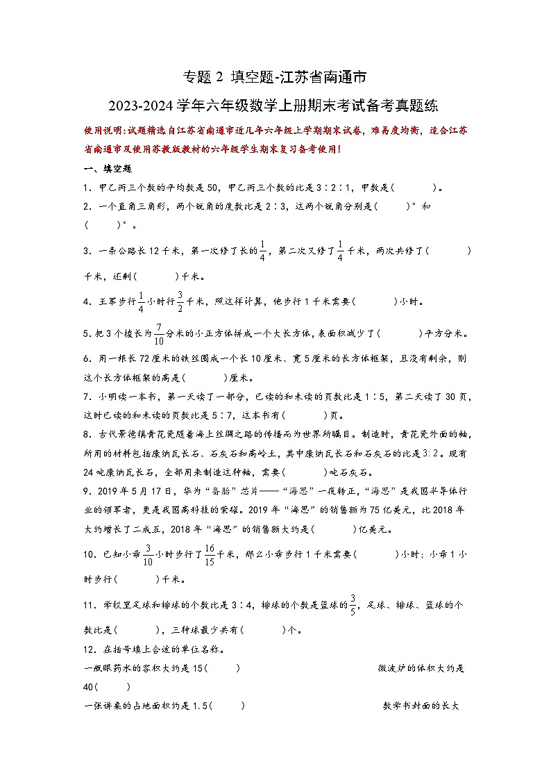 （期末典型易错真题）专题2+填空题-江苏省南通市2023-2024学年六年级数学上册期末考试备考真题练（苏教版）01