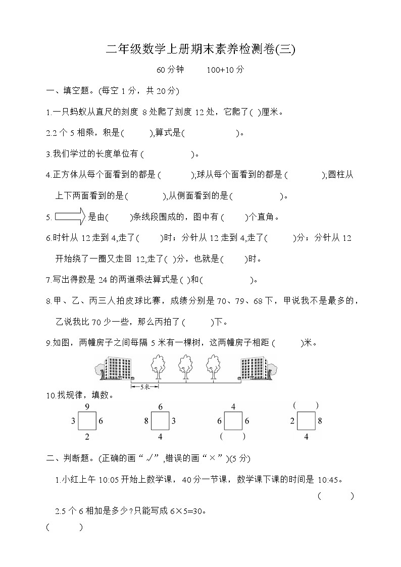 期末素养检测卷（试题）-二年级数学上册人教版第1页