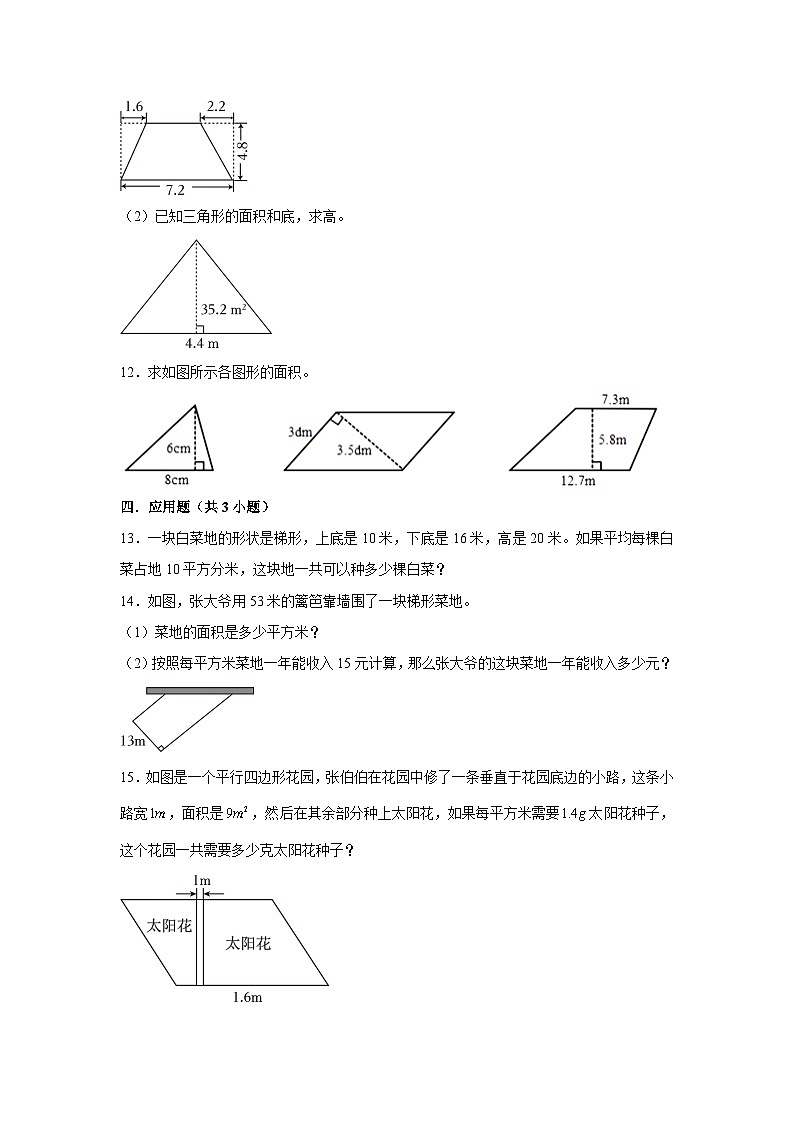 平行四边形、梯形、三角形的面积--小学数学五年级上学期期末必刷常考题 人教版03