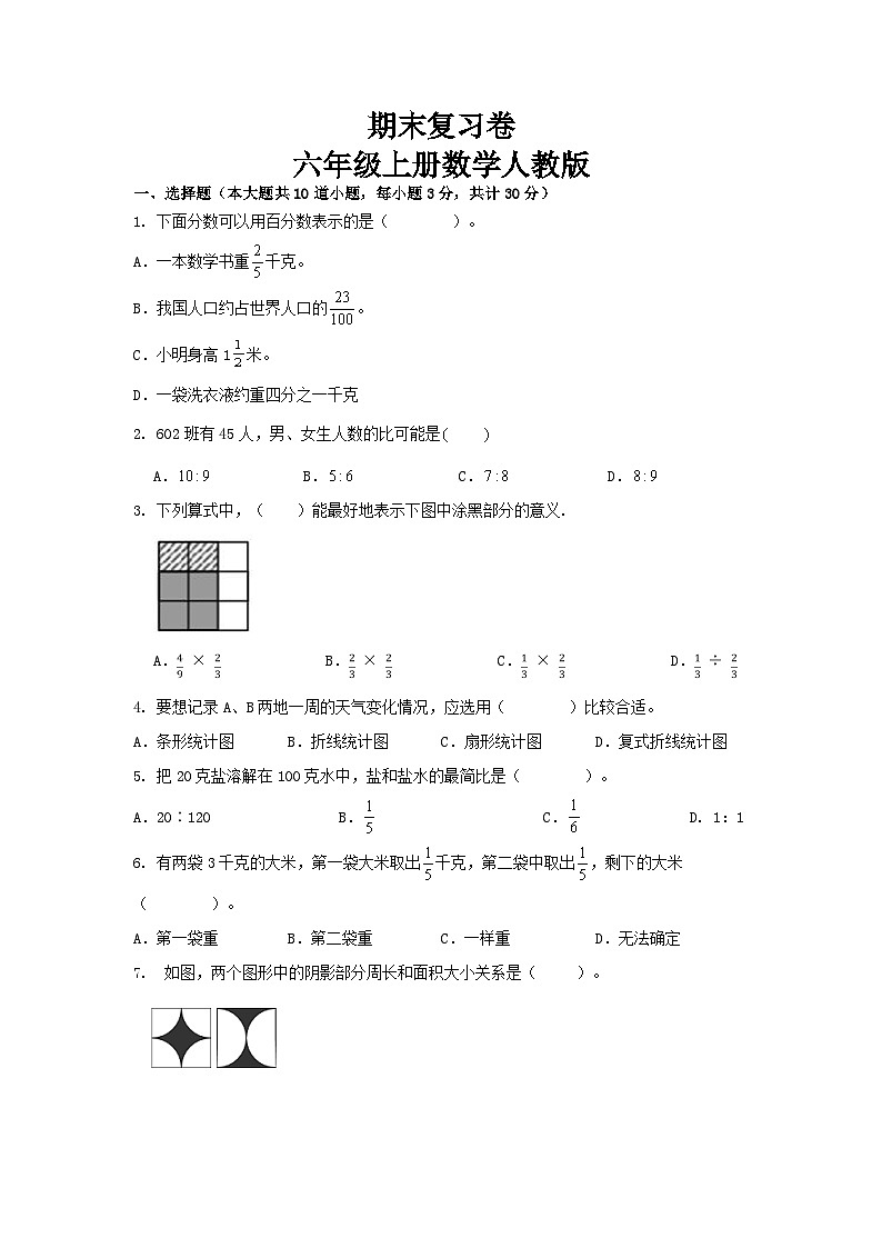 期末复习卷(试题)+六年级上册数学人教版第1页