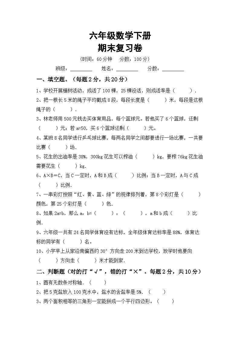 期末复习卷(试题)+六年级下册数学西师大版第1页