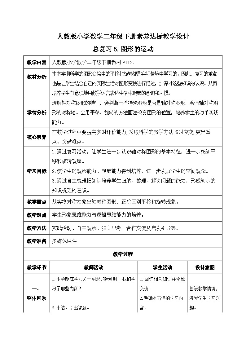 【核心素养】人教数学二下-总复习5. 图形的运动（课件+教案+学案+作业）01