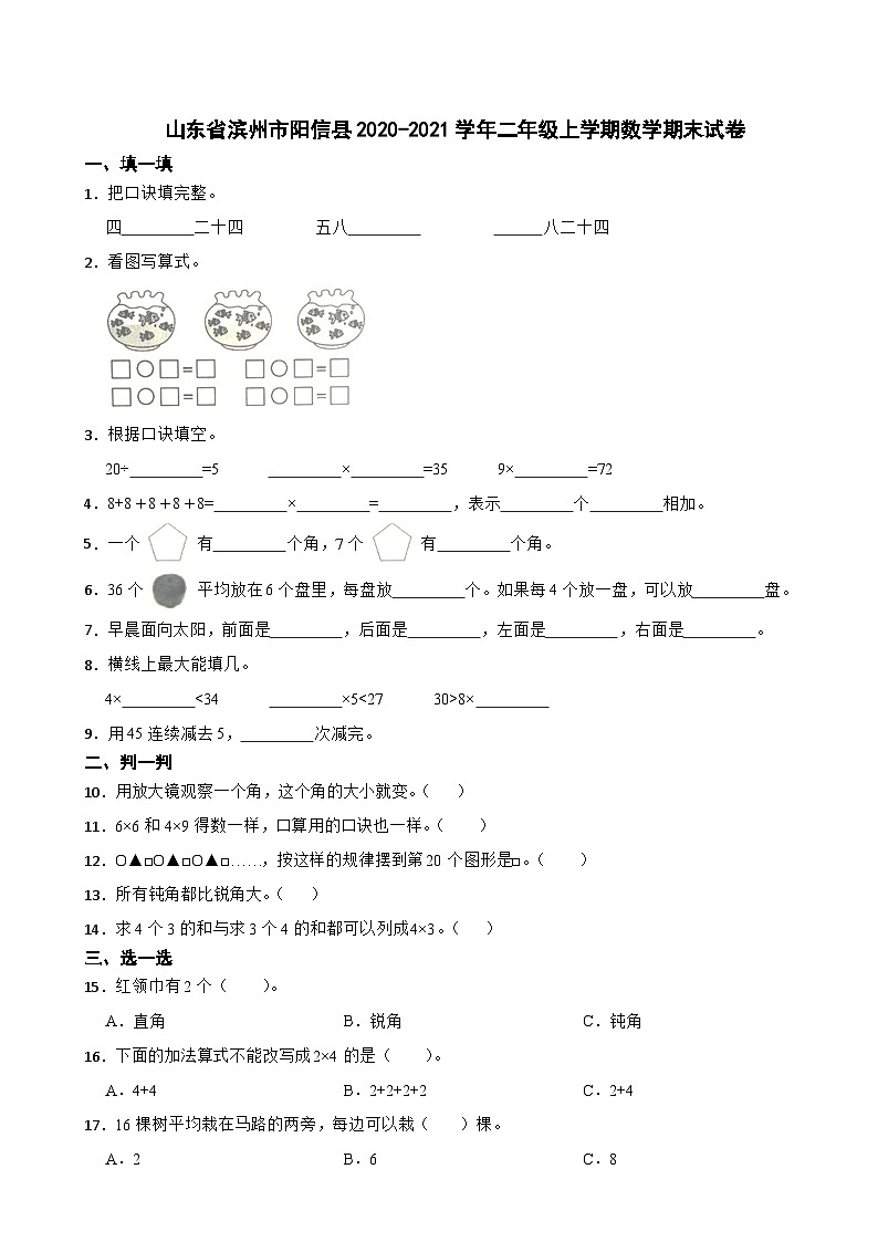 山东省滨州市阳信县2020-2021学年二年级上学期期末数学试卷01