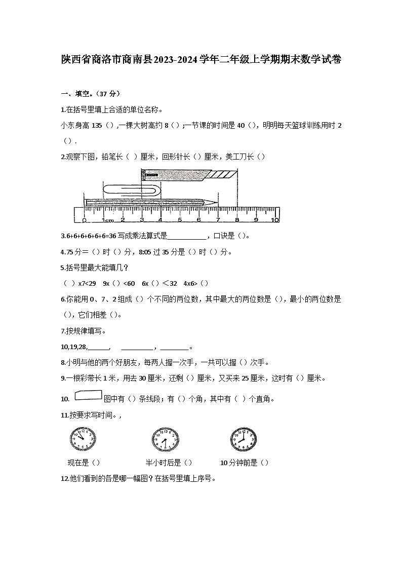 陕西省商洛市商南县2023-2024学年二年级上学期期末数学试卷01
