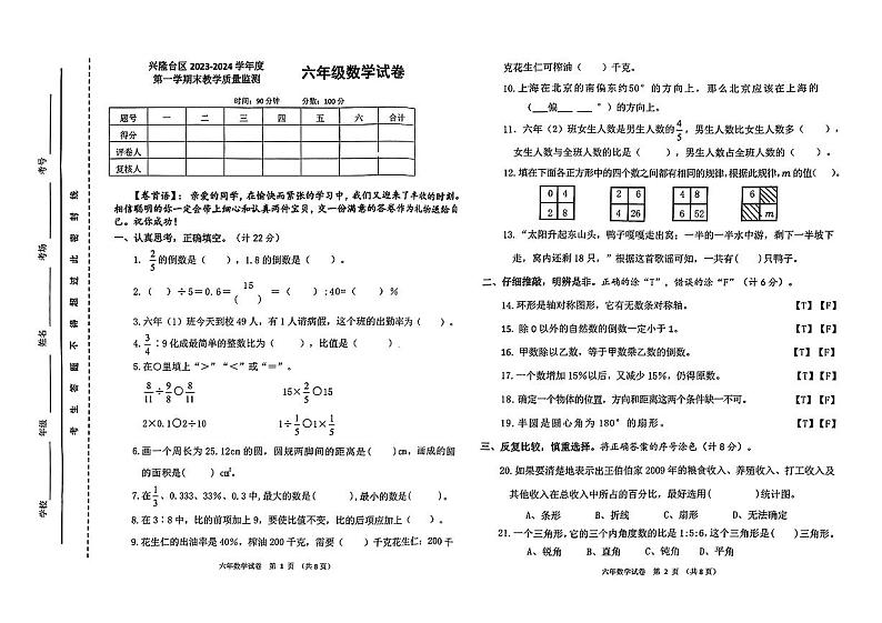 辽宁省盘锦市兴隆台区2023-2024学年六年级上学期期末质量监测数学试卷第1页