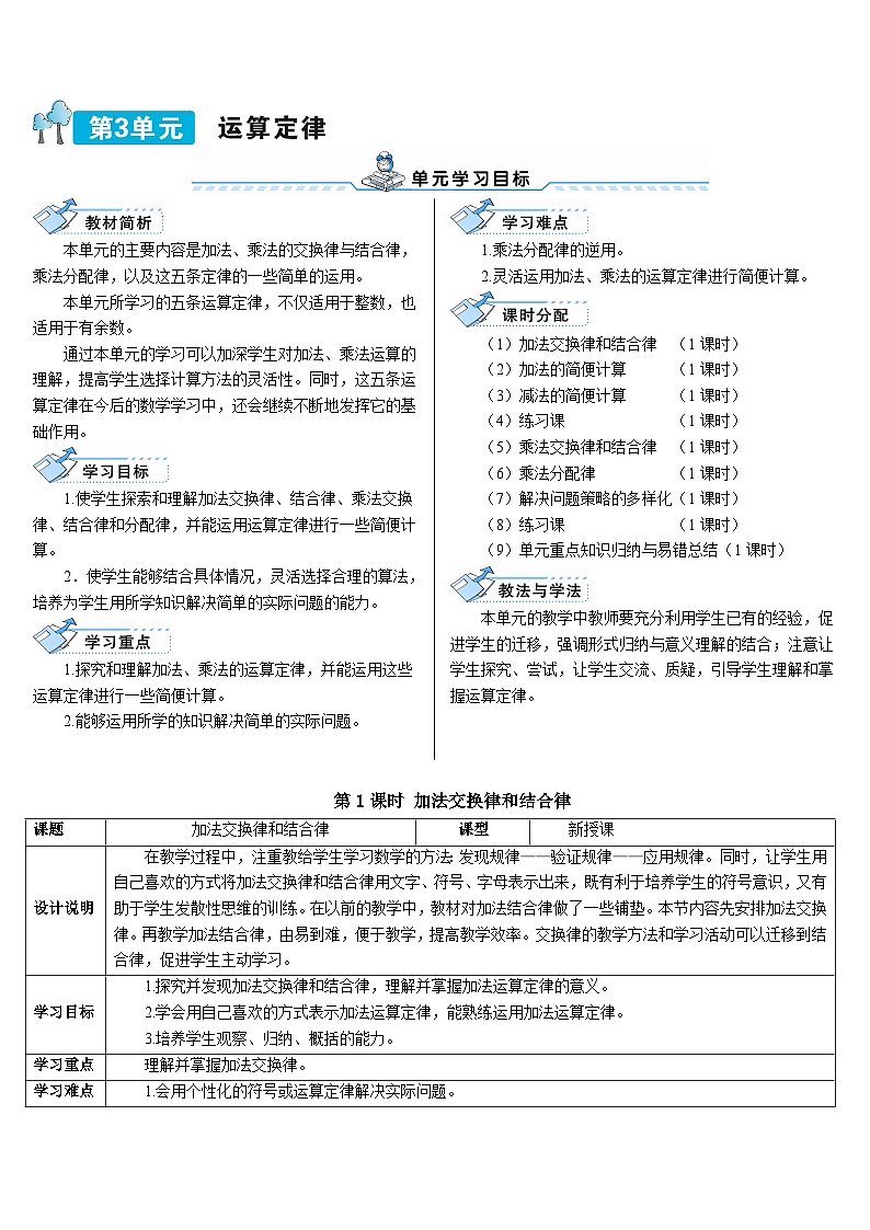 第三单元 第一课时 加法交换律和结合律 导学案第1页
