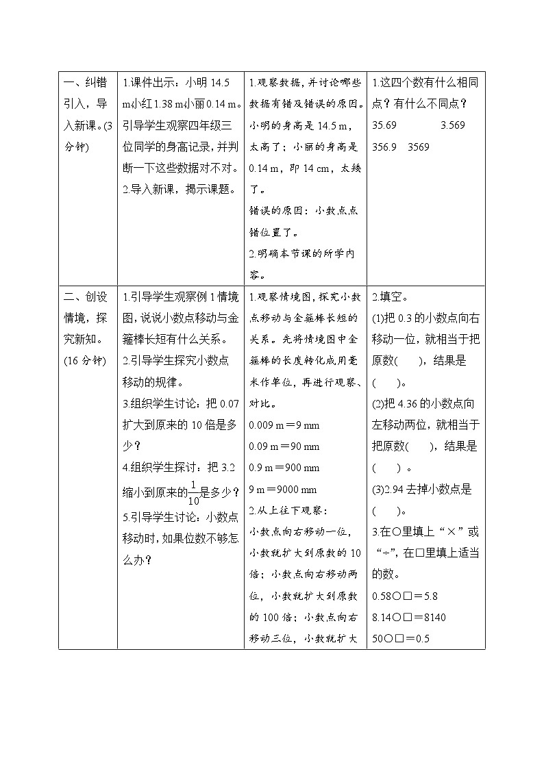 第4单元第3节第1课时《小数点移动引起小数大小变化的规律》导学案设计02