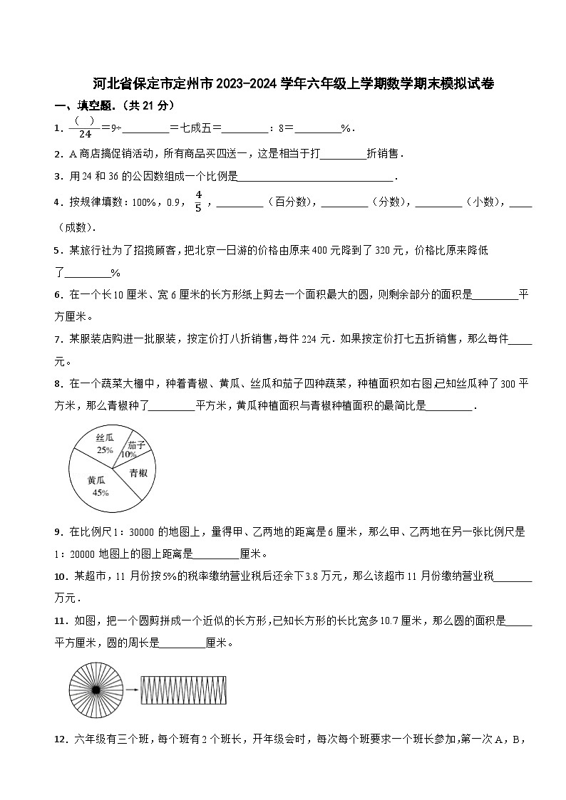 河北省保定市定州市2023-2024学年六年级上学期数学期末模拟试卷第1页