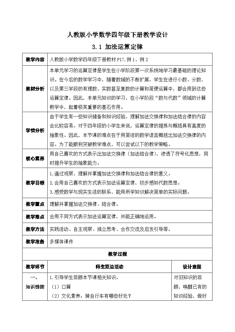 【核心素养】人教数学四下-3.1 加法运算定律（课件+教案+学案+作业）01