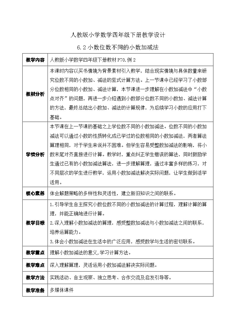 【核心素养】人教数学四下-6.2 小数位数不同的小数加减法（课件+教案+学案+作业）01