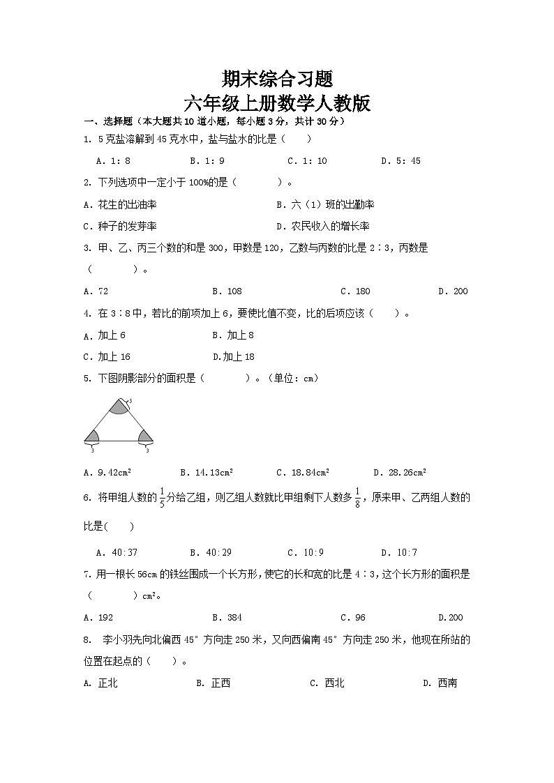 期末综合习题(试题) 六年级上册数学人教版第1页