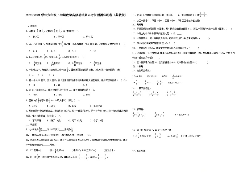 江苏省南京市2023-2024学年六年级上学期数学高频易错期末考前预测卷（苏教版）第1页