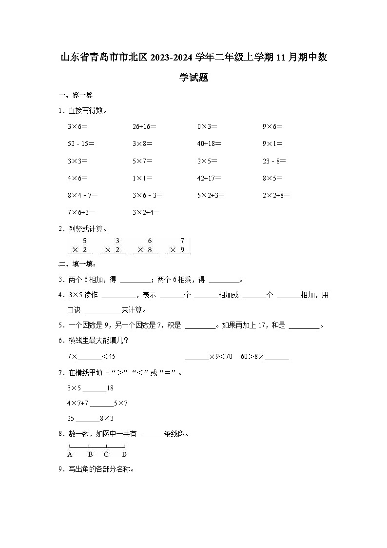 山东省青岛市市北区2023-2024学年二年级上学期11月期中数学试题01