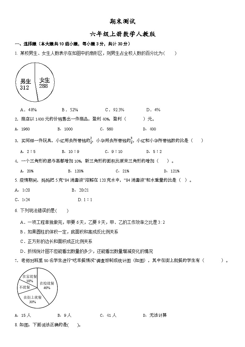 人教版六年级上册数学期末测试（无答案）第1页