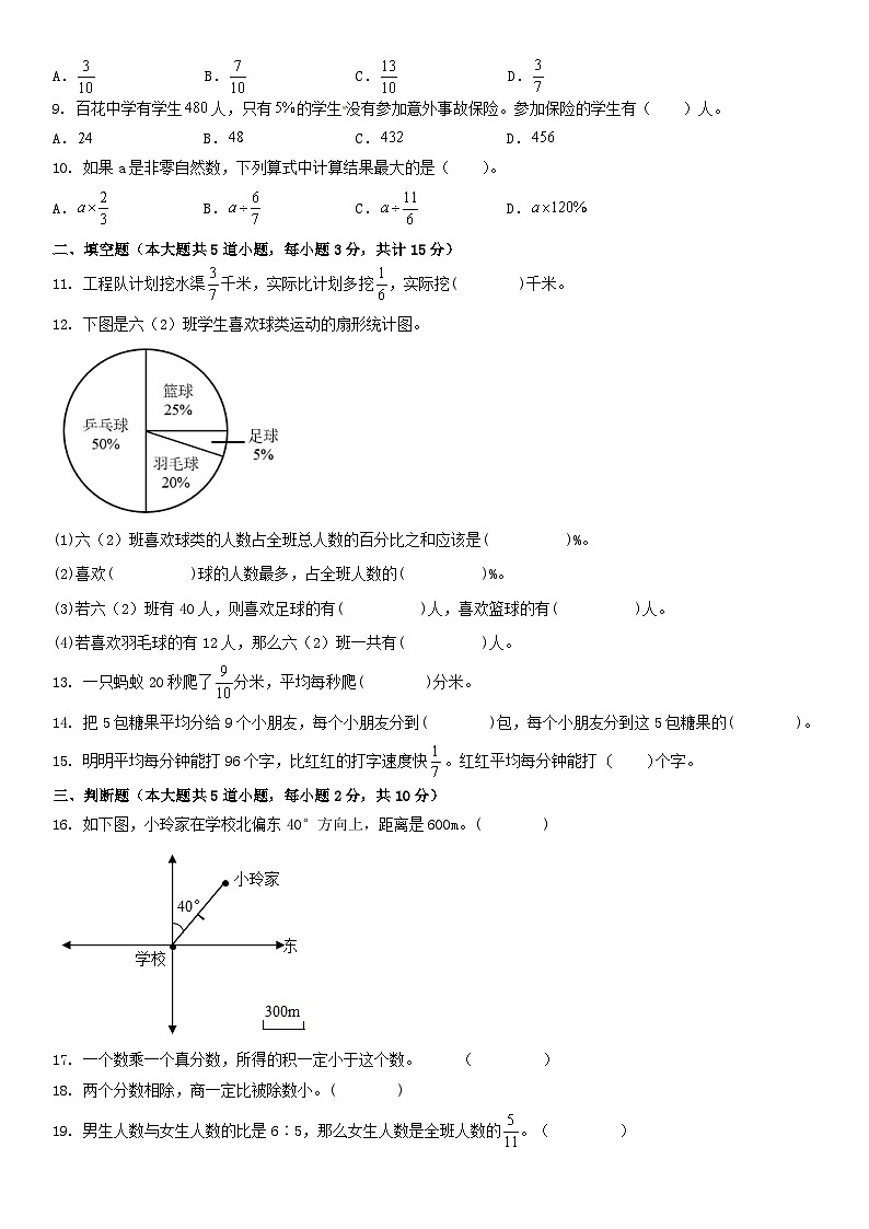 人教版六年级上册数学期末综合习题（试题 ）（无答案）第2页