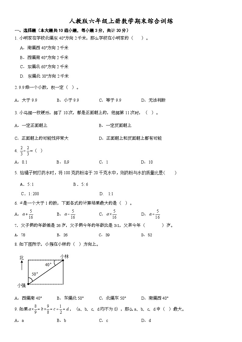 人教版六年级上册数学期末综合训练（无答案）01