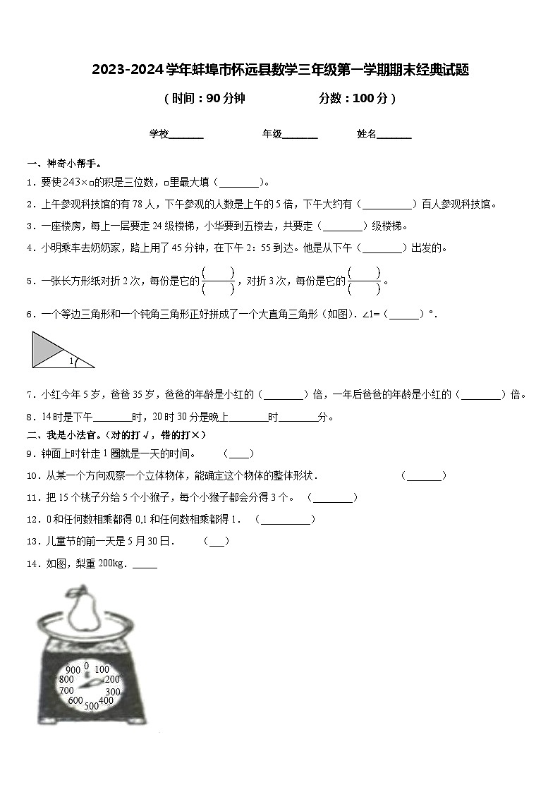 2023-2024学年蚌埠市怀远县数学三年级第一学期期末经典试题含答案01