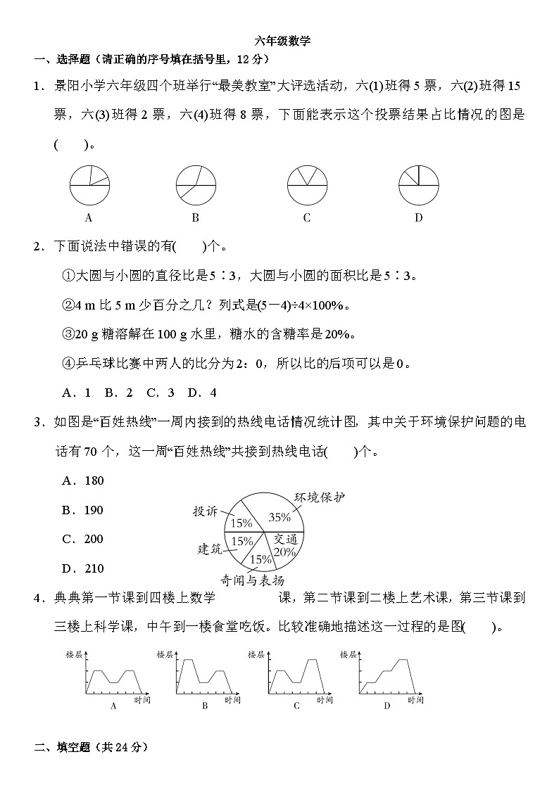 人教版六年级上册数学期末练习（试题）（无答案）第1页
