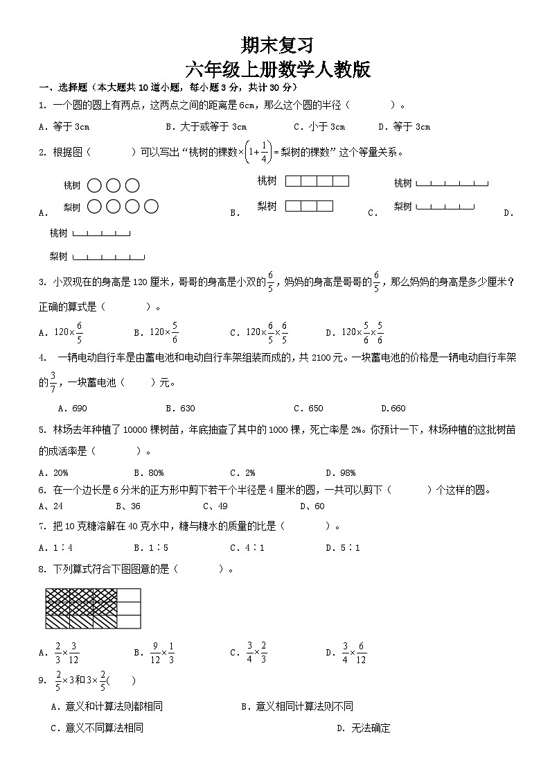 人教版六年级上册 小学数学期末复习卷(试题)（无答案）第1页