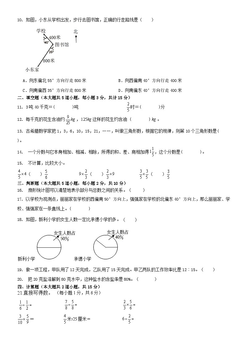 人教版六年级上册 小学数学期末复习卷(试题)（无答案）第2页