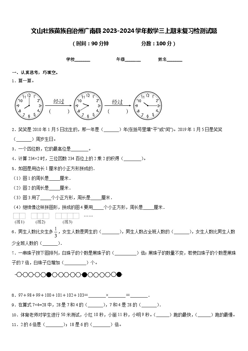 文山壮族苗族自治州广南县2023-2024学年数学三上期末复习检测试题含答案第1页
