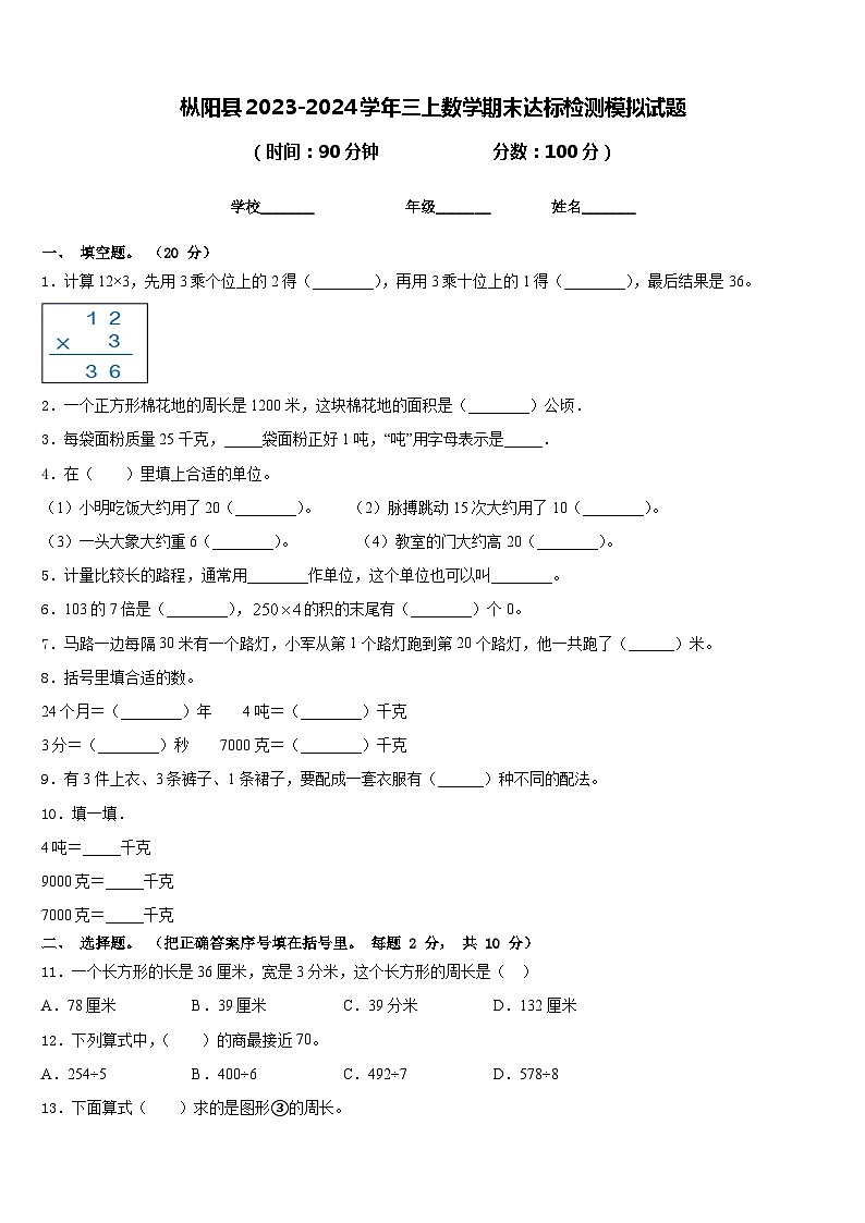 枞阳县2023-2024学年三上数学期末达标检测模拟试题含答案第1页