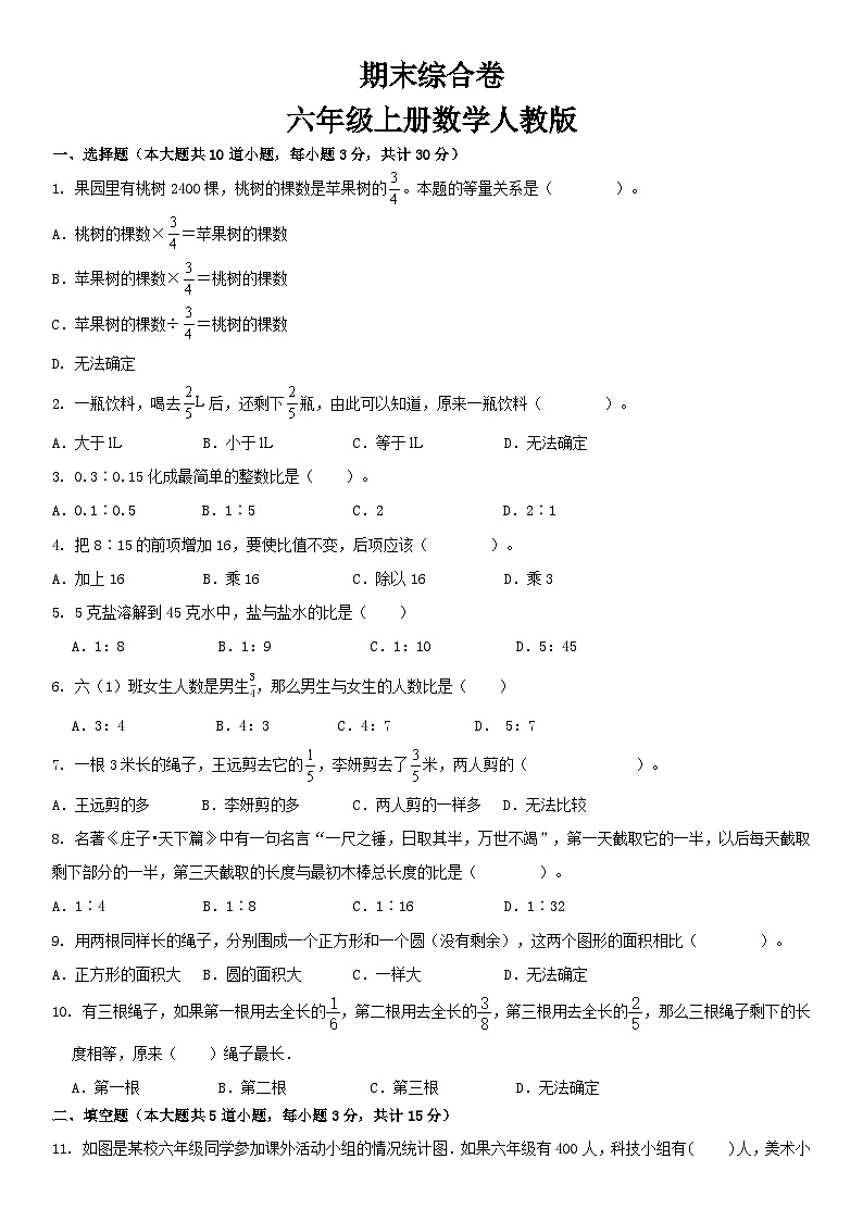人教版六年级上册数学期末综合卷 （试题）（无答案）第1页