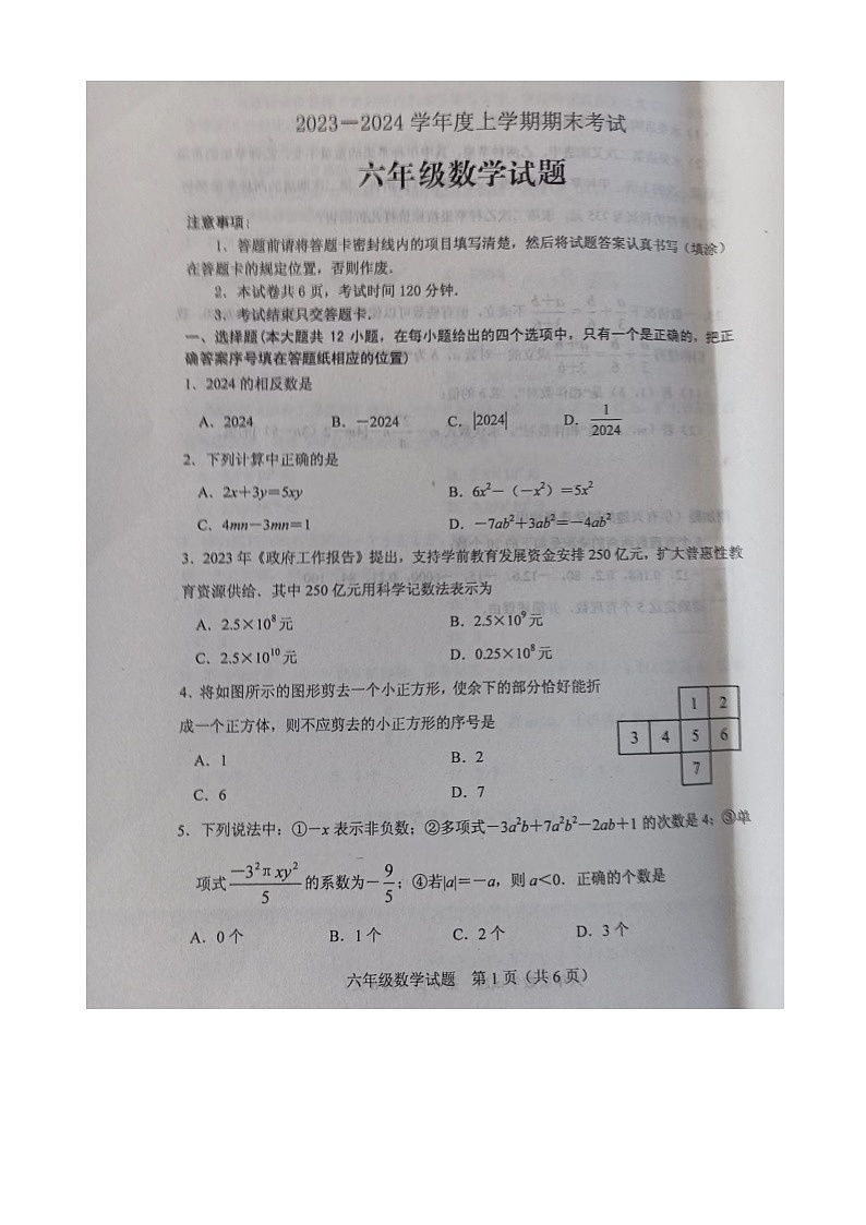 山东省+泰安市肥城市2023-2024学年+上学期六年级数学期末试题第1页
