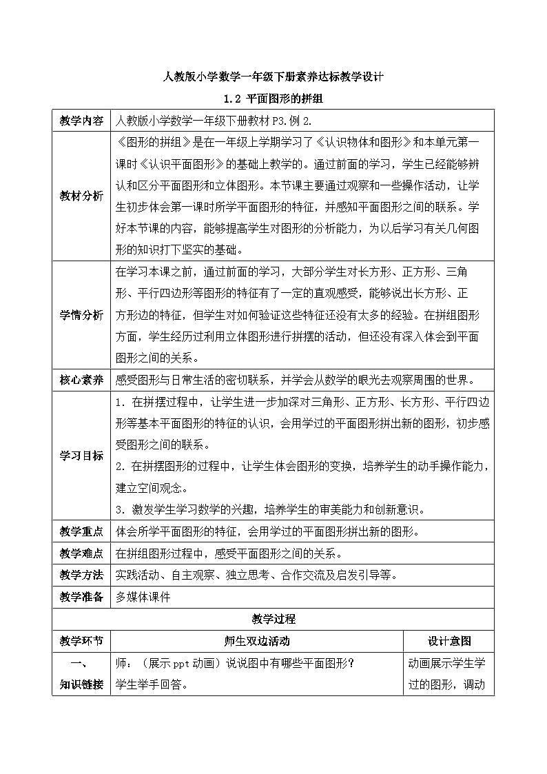 【核心素养】人教版数学一年级下册-1.2 平面图形的拼组（课件+教案+学案+作业）01