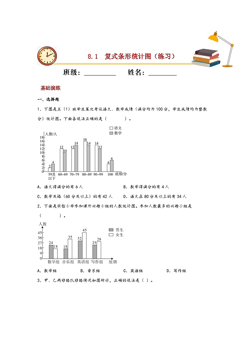 北师大版数学五年级下册 8.1.《复式条形统计图》练习第1页