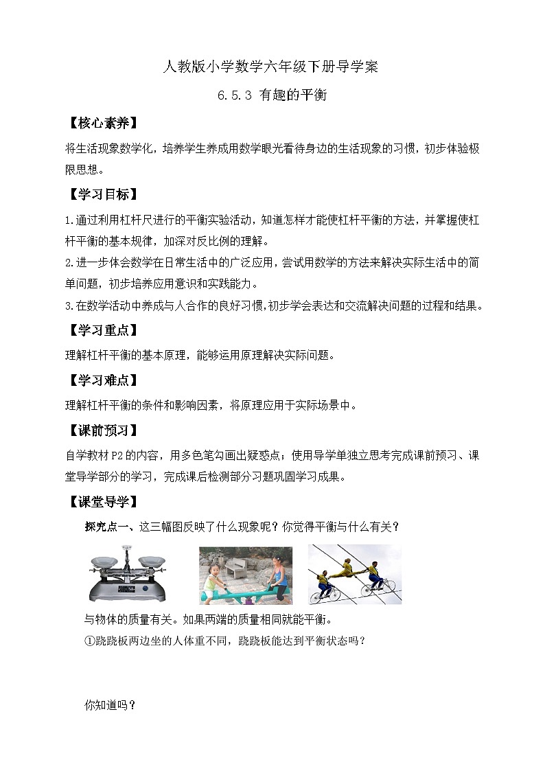 【核心素养】人教版数学六年级下册-6.5.3 有趣的平衡（导学案含答案）第1页