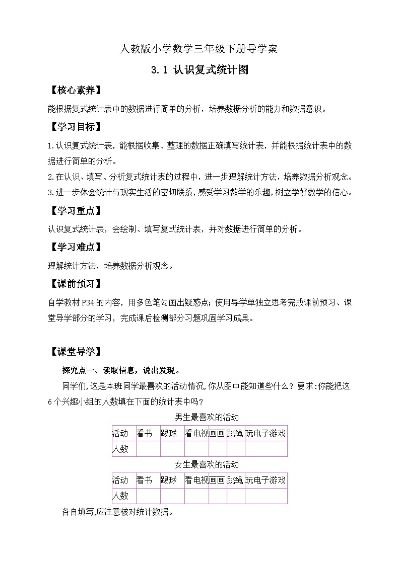 【核心素养】人教版数学三年级下册-3.1 认识复式统计图（课件+教案+导学案+作业）01