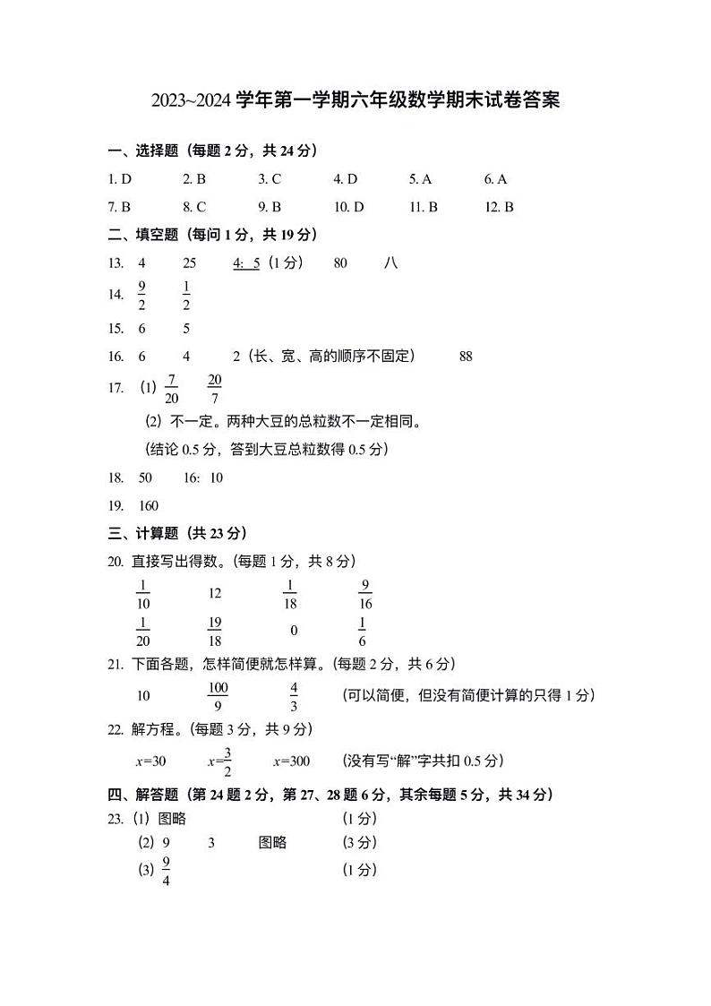 2023-2024学年第一学期六年级数学期末试卷答案第1页
