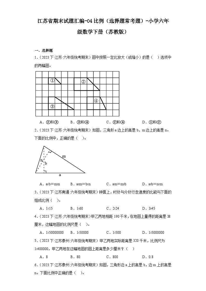 江苏省期末试题汇编-04比例（选择题常考题）-小学六年级数学下册（苏教版）第1页