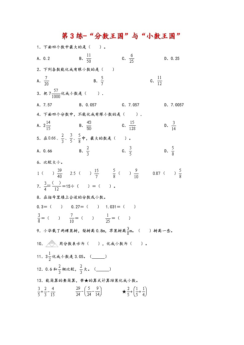 五年级数学下册寒假自学专练 第3练-“分数王国”与“小数王国”01