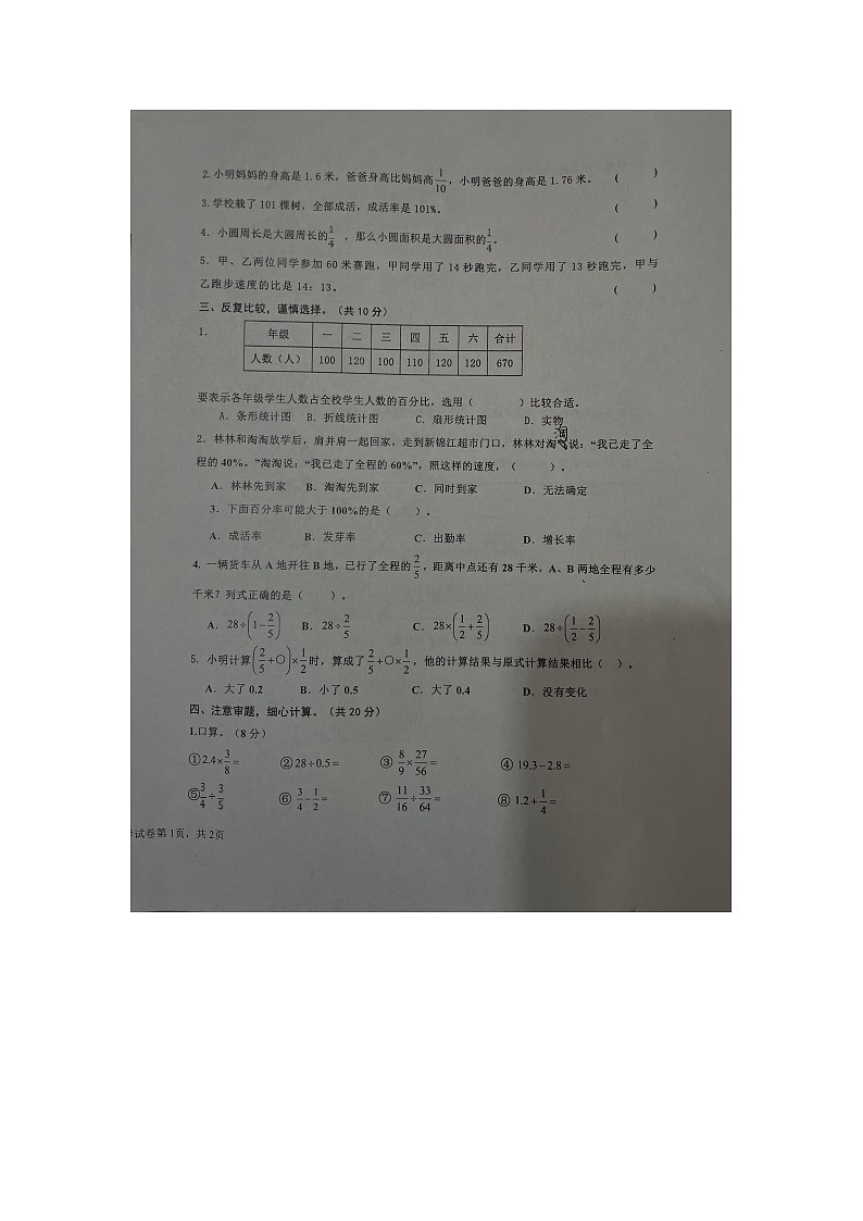 江西省宜春市万载县2023-2024学年六年级上学期1月期末数学试题第2页